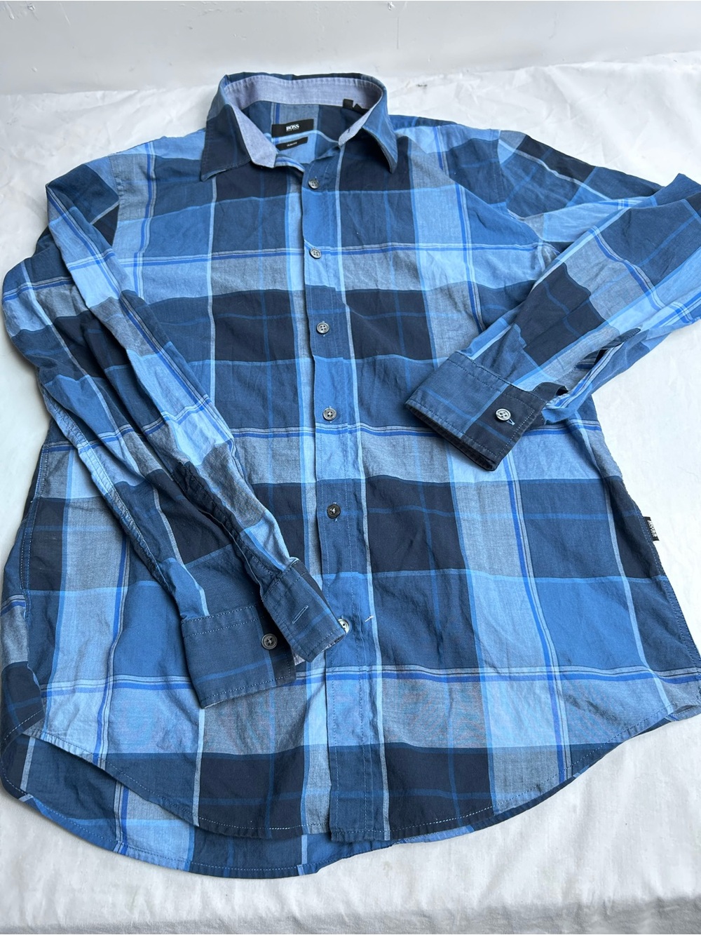 BOSS Men's Blue Plaid large slim fit Button-Down Shirt
